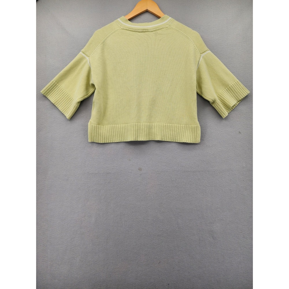 DKNY Jeans XS Cropped Knit Sweater Lime Green Logo Short Sleeve V-Neck Top - Picture 8 of 15